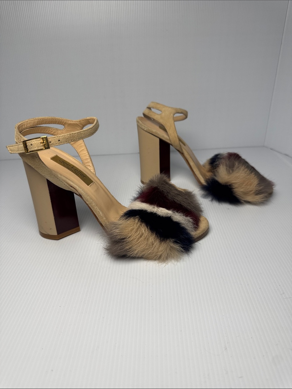 DEE KELLER Neutral Beige Rabbit Fur? Trim Block Heel Strappy Sandals Italy 36.5